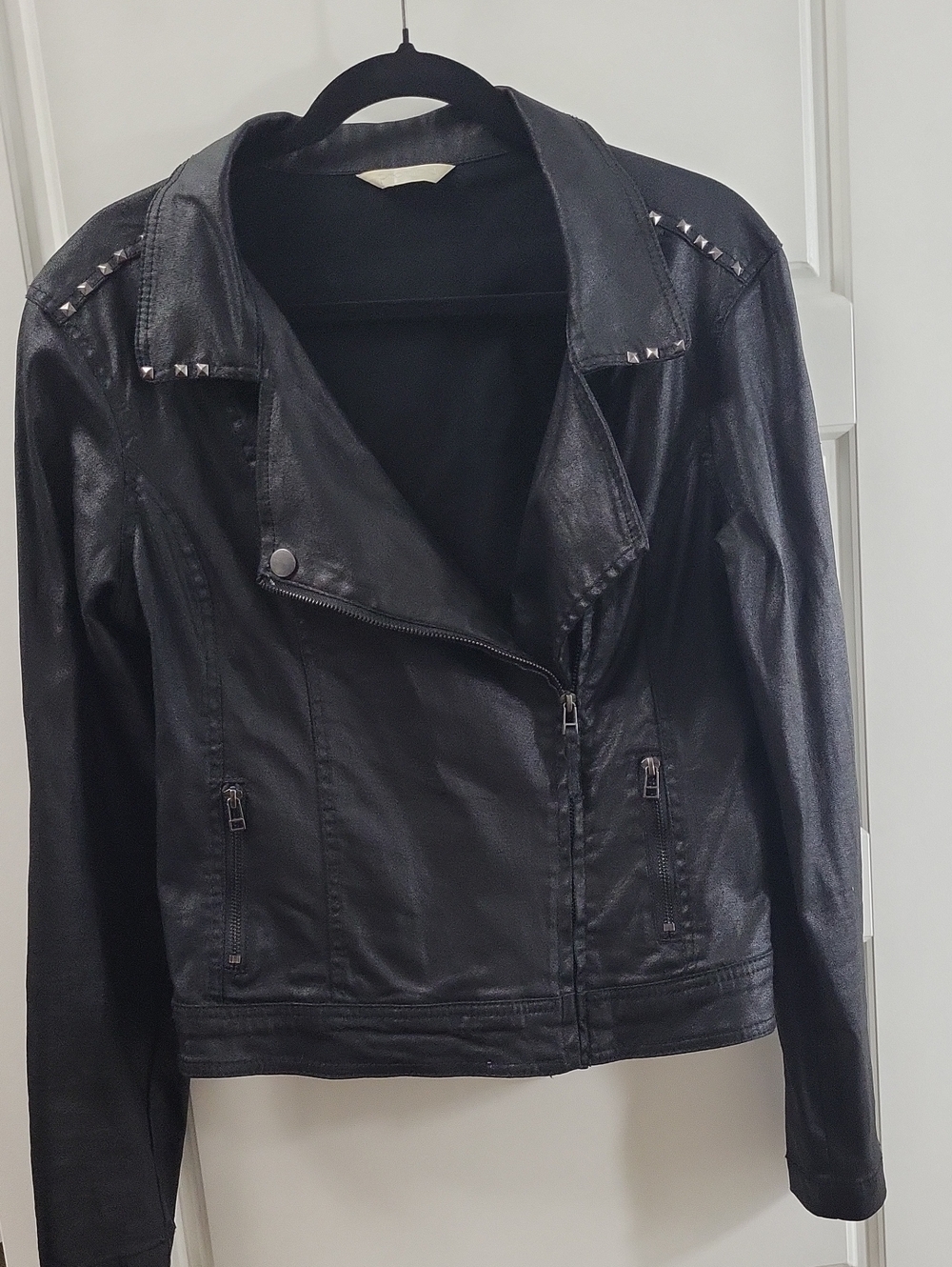Promod Black Studded Faux Leather Moto Jacket